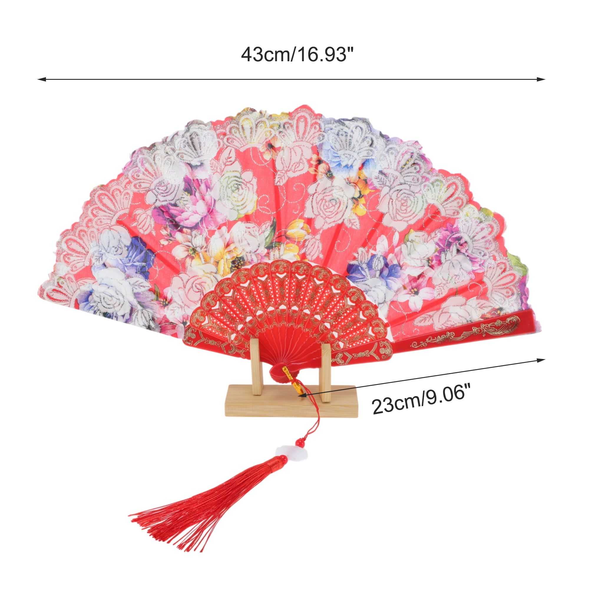 Unique Bargains Rose Print With Tassel Folding Fan 1 Pc For Summer Events Decorations Red