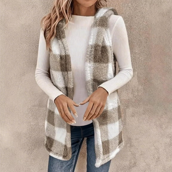Women's Plaid Color Block Cardigan Casual Open Front Mid-Length Hoodie Soft Sleeveless Loose Fashion Vest (2XL, Khaki)