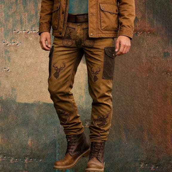 Vintage Western Cowboy Cargo Pants for Men Punk Style Outdoor Casual Work Long Trousers Spring Coffee L