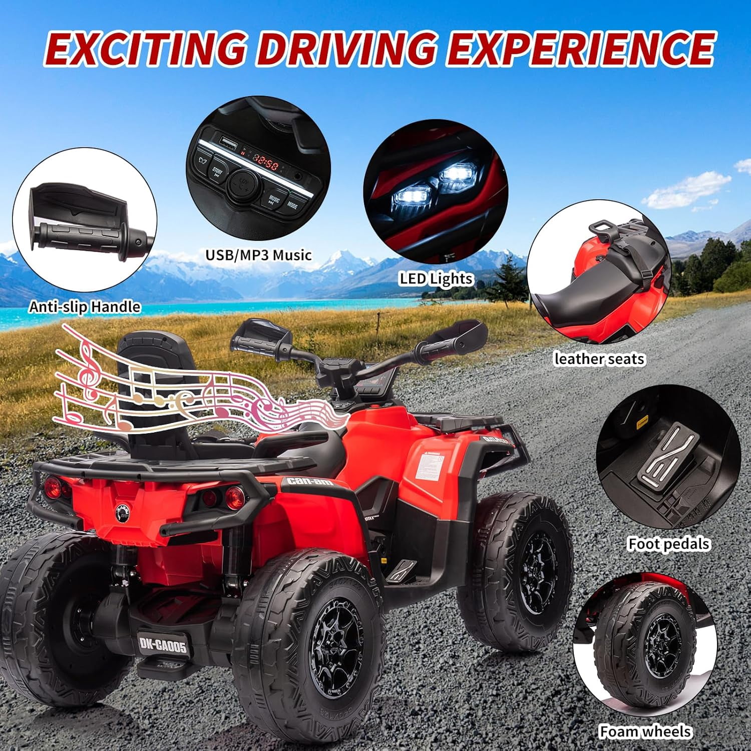 EastVita 2 Seater Ride On Car,24V Licensed Can-Am Electric ATV Car for Kids, 4 Wheeler Electric Toy Car with Bluetooth,Led,Leather Seaters,5 Mph Max Speed
