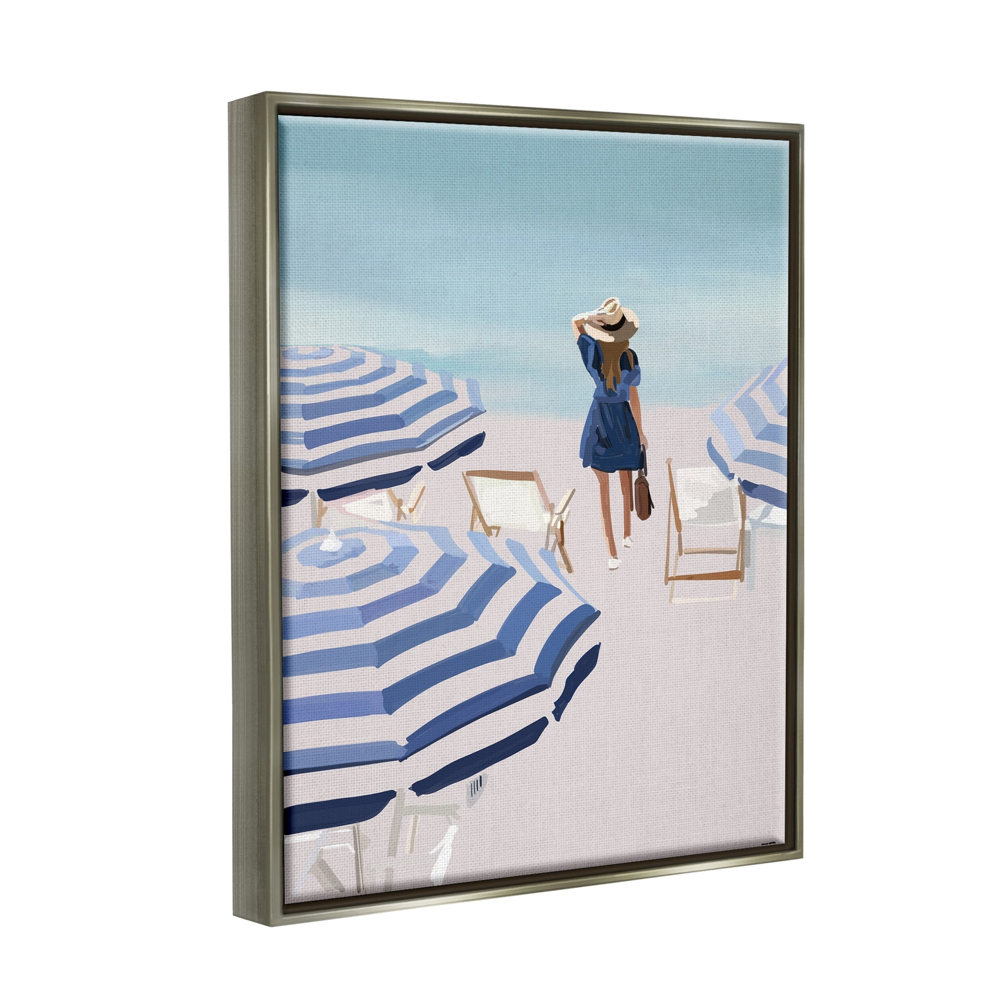 Stupell Industries Woman Enjoying Beach Shore Umbrellas Coastal Scene Graphic Art Luster Gray Floating Framed Canvas Print Wall Art, Design by Amelia Noyes