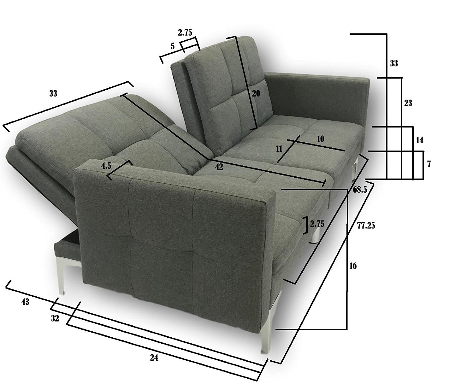 ViscoLogic Clarke Split Back Convertible Futon Sofa Bed Lounger Love