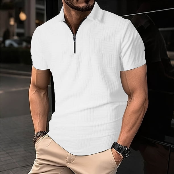 Ceisia Men's Slim Fit Short Sleeve Zip-Up Polo Shirt Turn-Down Collar Textured Fabric Spring Summer Shirt Gift