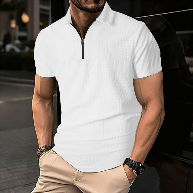 Ceisia Men's Slim Fit Short Sleeve Zip-Up Polo Shirt Turn-Down Collar Textured Fabric Spring Summer Shirt Gift