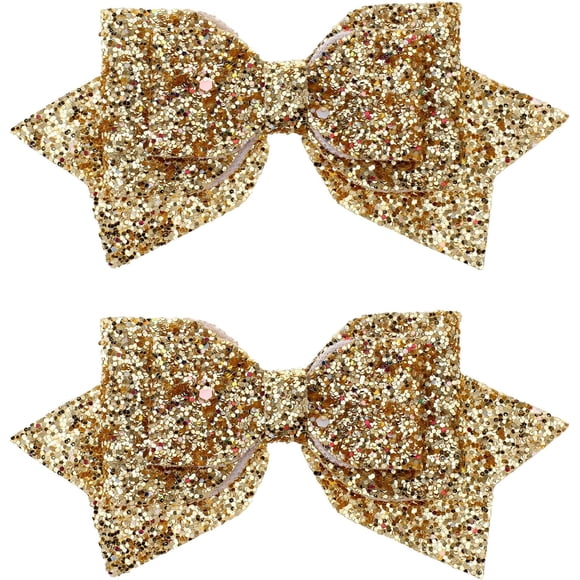Qianyu 2 PCS Glitter Sparkling Hair Bows Shiny Gold Hair Clips Cute Alligator Clips Sequins Hairpins Boutique Barrettes for Flower Girls Teens Women Carnival Wedding Christmas