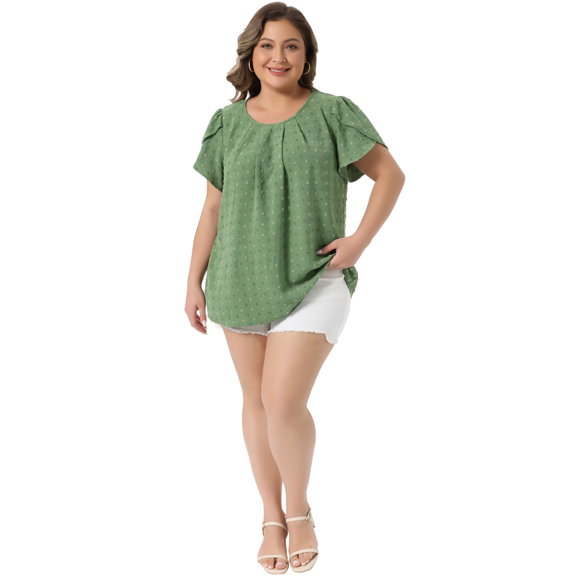 DARING DIVA Women's Plus Swiss Dot Crew Neck Tulip Top 4X Green