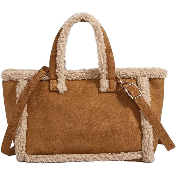 Fuzzy Tote Bag, Brown Suede Bag for Women Vintage Large Handbag with Fleece Lining & Adjustable Strap Casual Crossbody P
