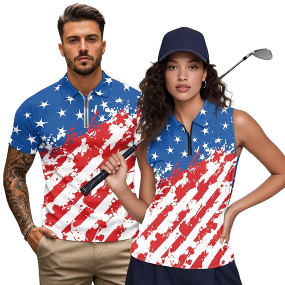 Pzuqiu US Flag Couple Matching Outfit Mens Golf Shirts Size S Short Sleeve 1/4 Zip Up Shirts for Work Athletic and Womens Zipper Shirt Quick Dry Sleeveless Racerback Workout Tops