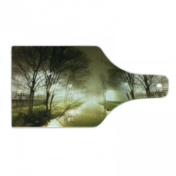 Forest Cutting Board, Water Channel Foggy Weather Trees Grass City Street at Winter Night Mystery, Tempered Glass Cutting and Serving Board, Wine Bottle Shape, White Green Brown, by Ambesonne