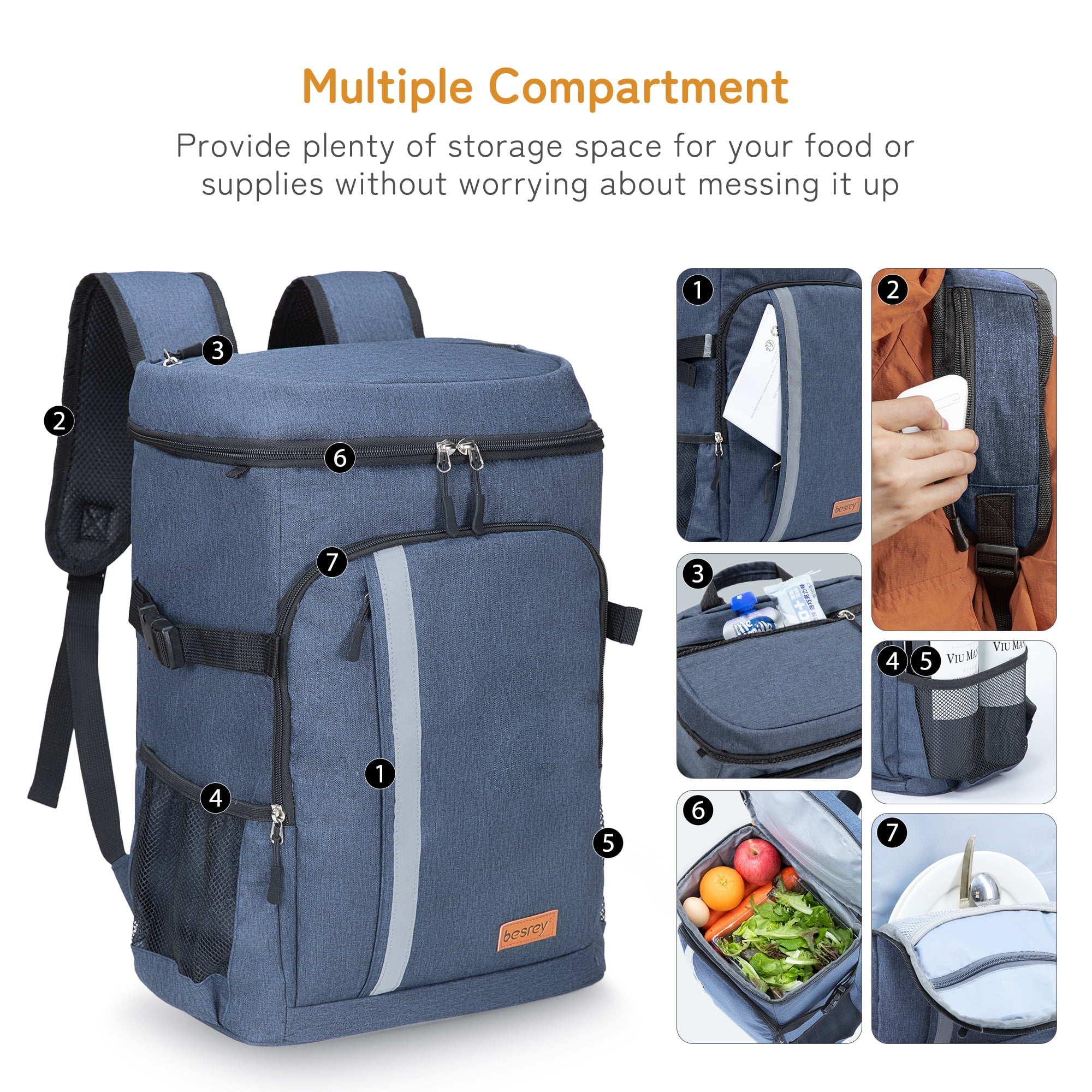 Besrey Cooler Backpack,30L Soft Lightweight Leakproof Cooler Backpack,Insulated Cooler Bag,Portable Soft Cooler Bag Waterproof for Beach, Travel, Camping,Blue