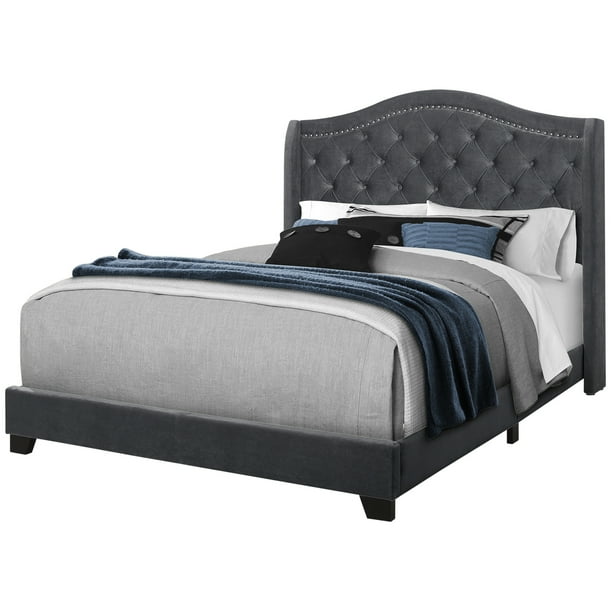 BED QUEEN SIZE / DARK GREY VELVET WITH CHROME TRIM