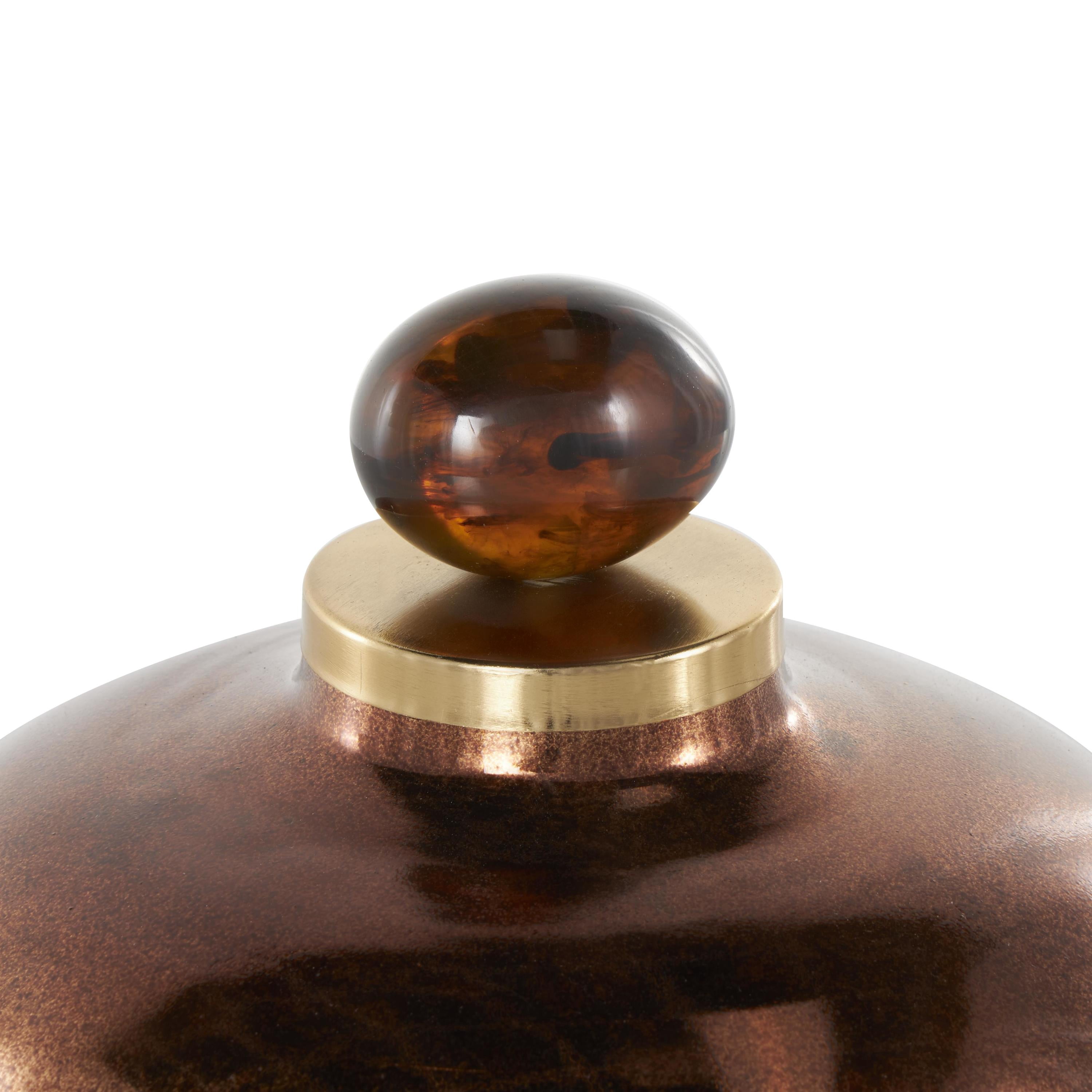 DecMode 9" x 9" Copper Glass Wide Speckled Ombre Decorative Jars with Oval Top Knob and Gold and Beige Accents, 1-Piece
