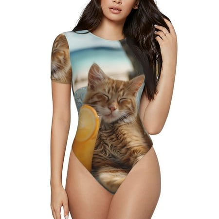 Gaeub Relaxing Cat With Orange Juice Print Women s Short Sleeve One Piece Swimsuit Sexy High-Waisted Bodysuit Bathing Suit for Swimming  Beach  Sports-Small