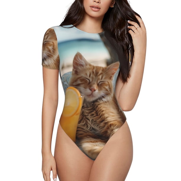 Balery Relaxing Cat With Orange Juice Body de cuello redondo de manga corta para mujer Tops de manga corta Tops básicos-Medium