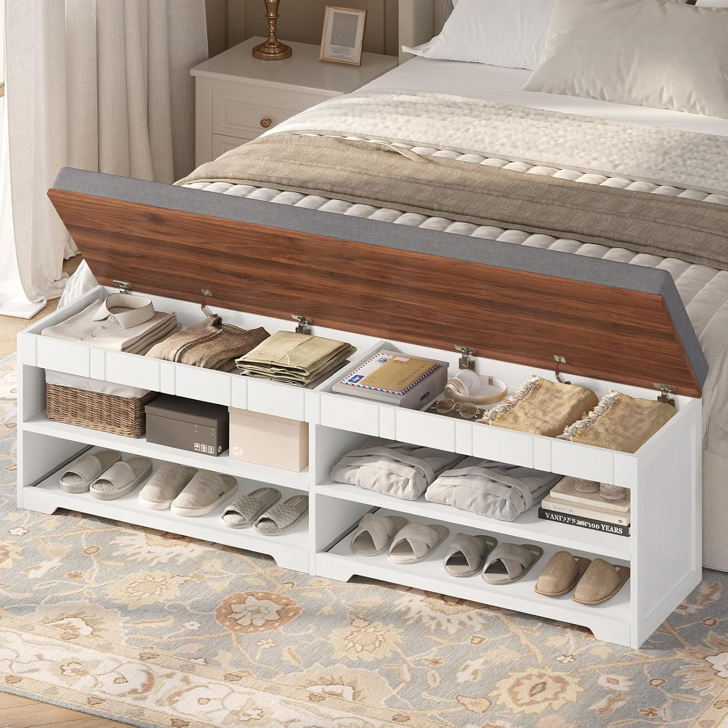 60" Farmhouse 2-Tier Storage Bench, Shoe Bench With Pull-Out Shoe Rack Organizer, Lift-Top Storage And Adjustable Shelf, Entryway Bench & End Of Bed For Entryway, Bedroom, Living Room, White
