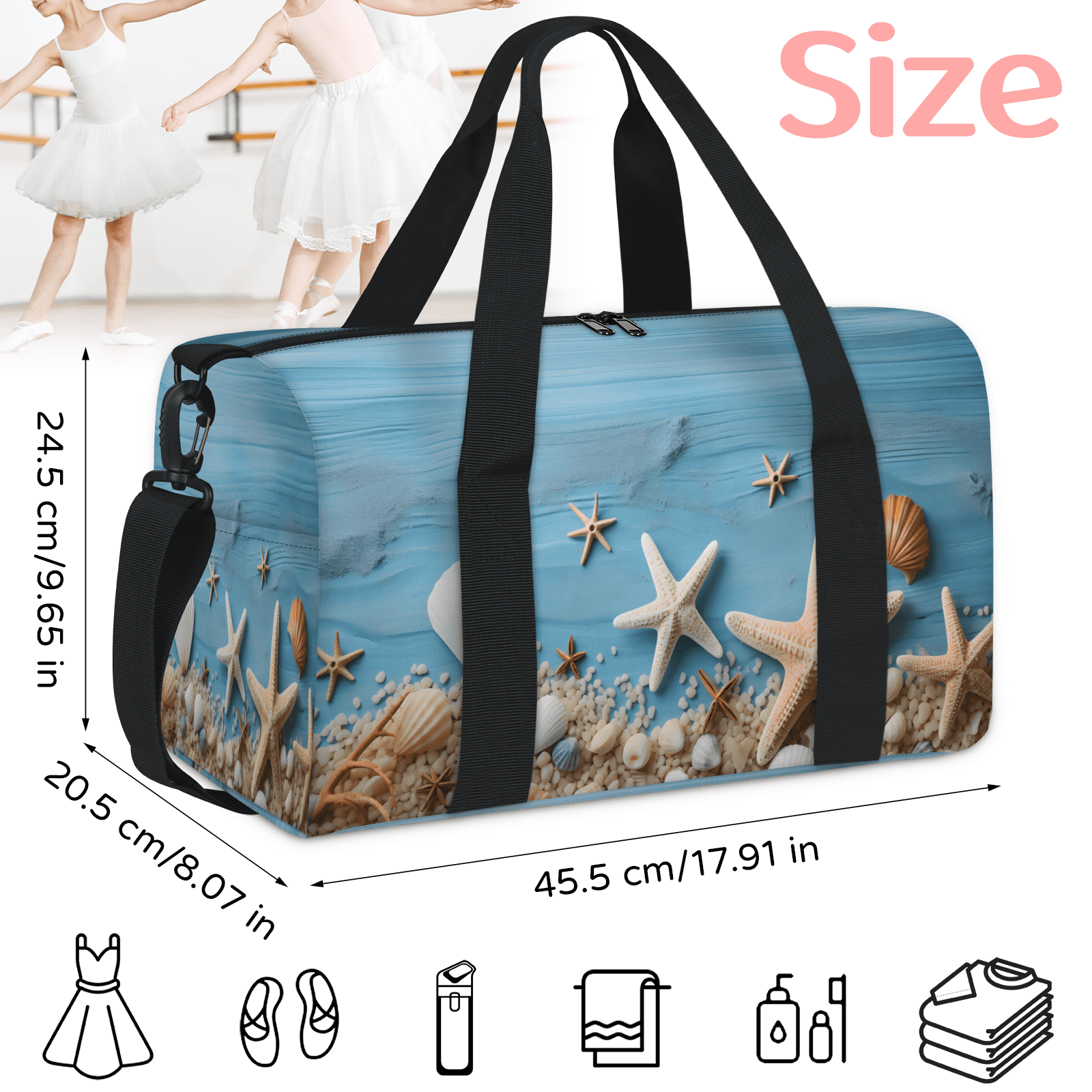 Herdesigns Blue Ocean Starfish Seashell Travel Duffle Bag Sports Yoga Weekender Overnight Carry on Workout Bags Lightweight Waterproof Gym Tote Bag for Women