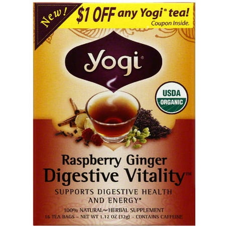 Yogi Organic Raspberry Ginger Digestive Vitality Herbal Supplement Tea, 1.12 oz, (Pack of 6)