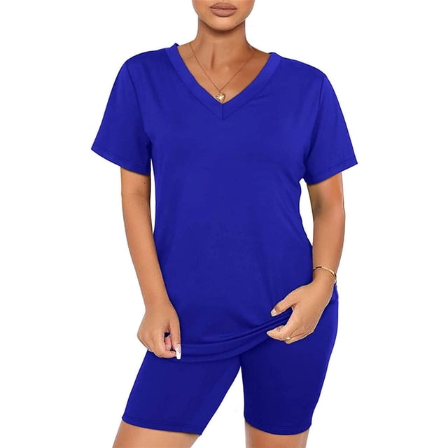 Ensemble Deux Pièces pour Femmes, Manches Courtes, Col en V, Shorts de Cycliste