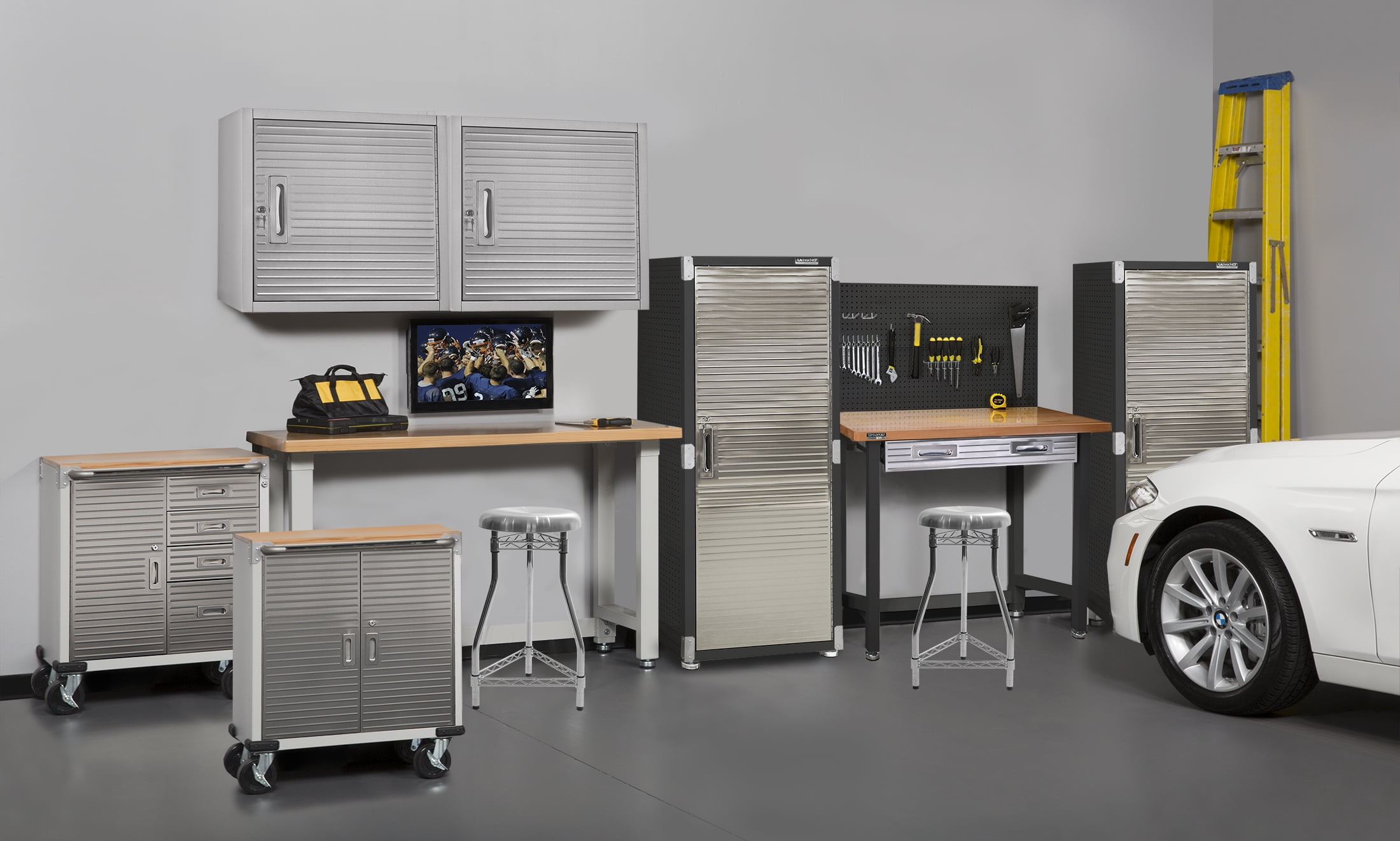 Seville Classics UltraHD Workcenter with Stainless Steel Pegboard, 48" L x 24" D, Stain Graphite