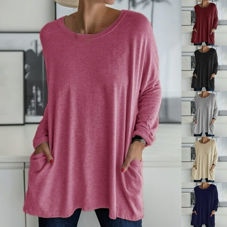 

Yinreli O-Neck Long Sleeve Simple Blouse Fall Winter Side Pockets Solid Color Pullover Top Streetwear