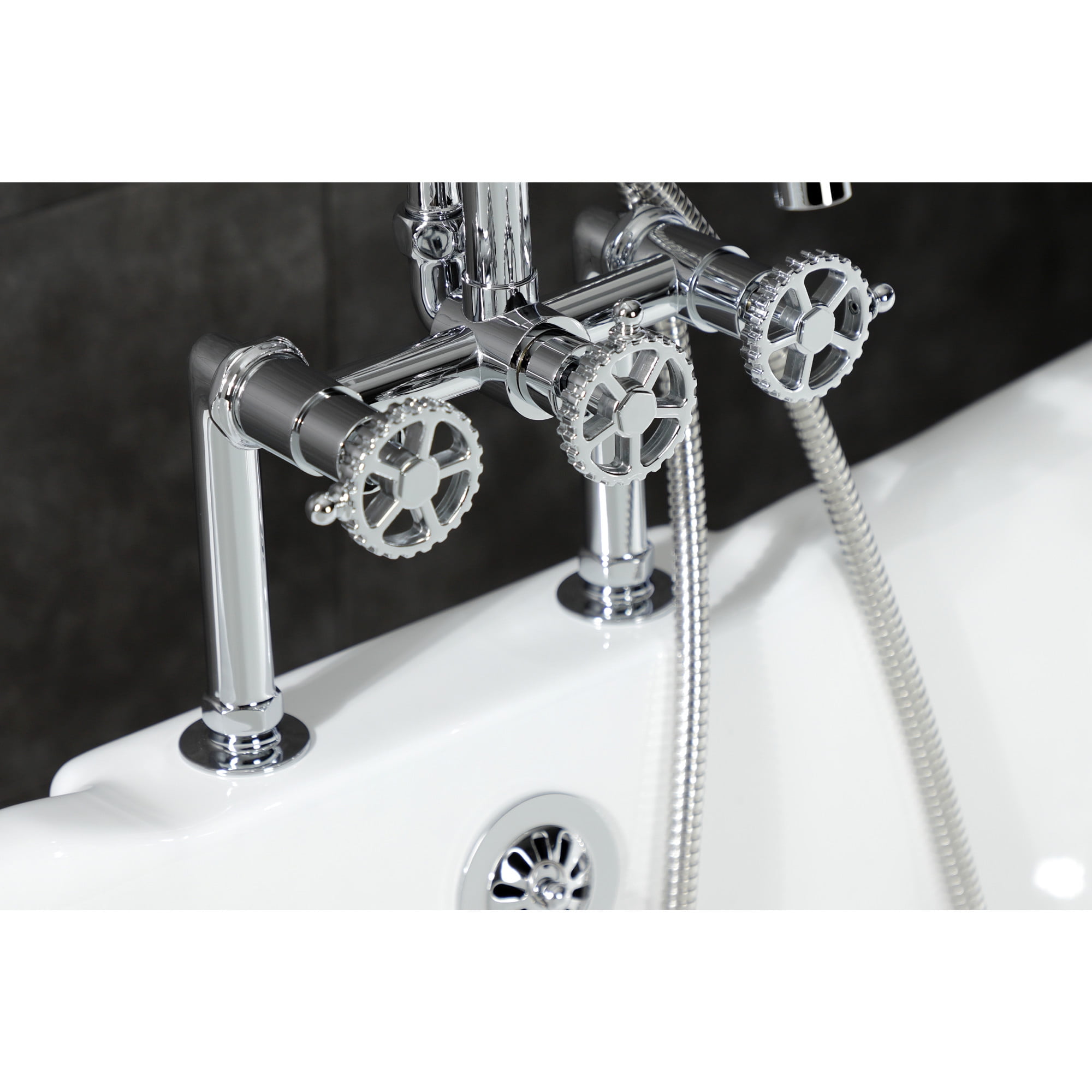 Kingston Brass AE8101CG Fuller Three-Handle 2-Hole Deck-Mount Clawfoot Tub Faucet with Hand Shower in Polished Chrome