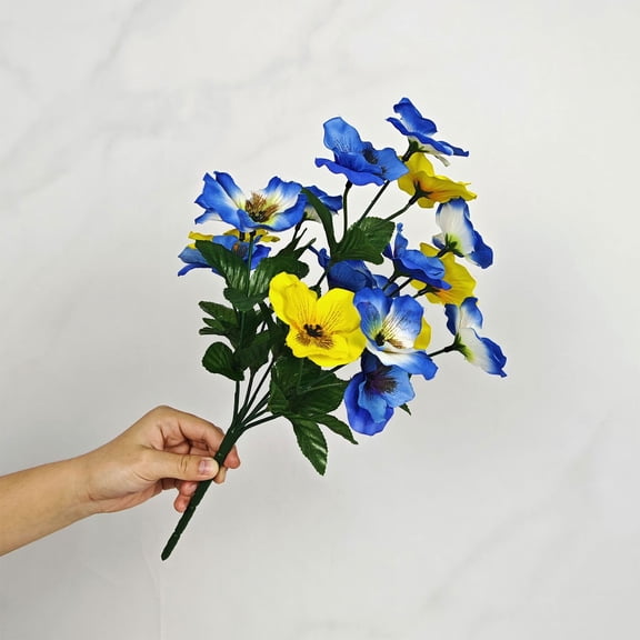 1Pcs Blue & Yellow Realistic Artificial Pansy Bouquet - 13.8in Fake Flowers For Vase, Artificial Flowers For Home Decor, Wedding Decoration & Photography Prop (A)
