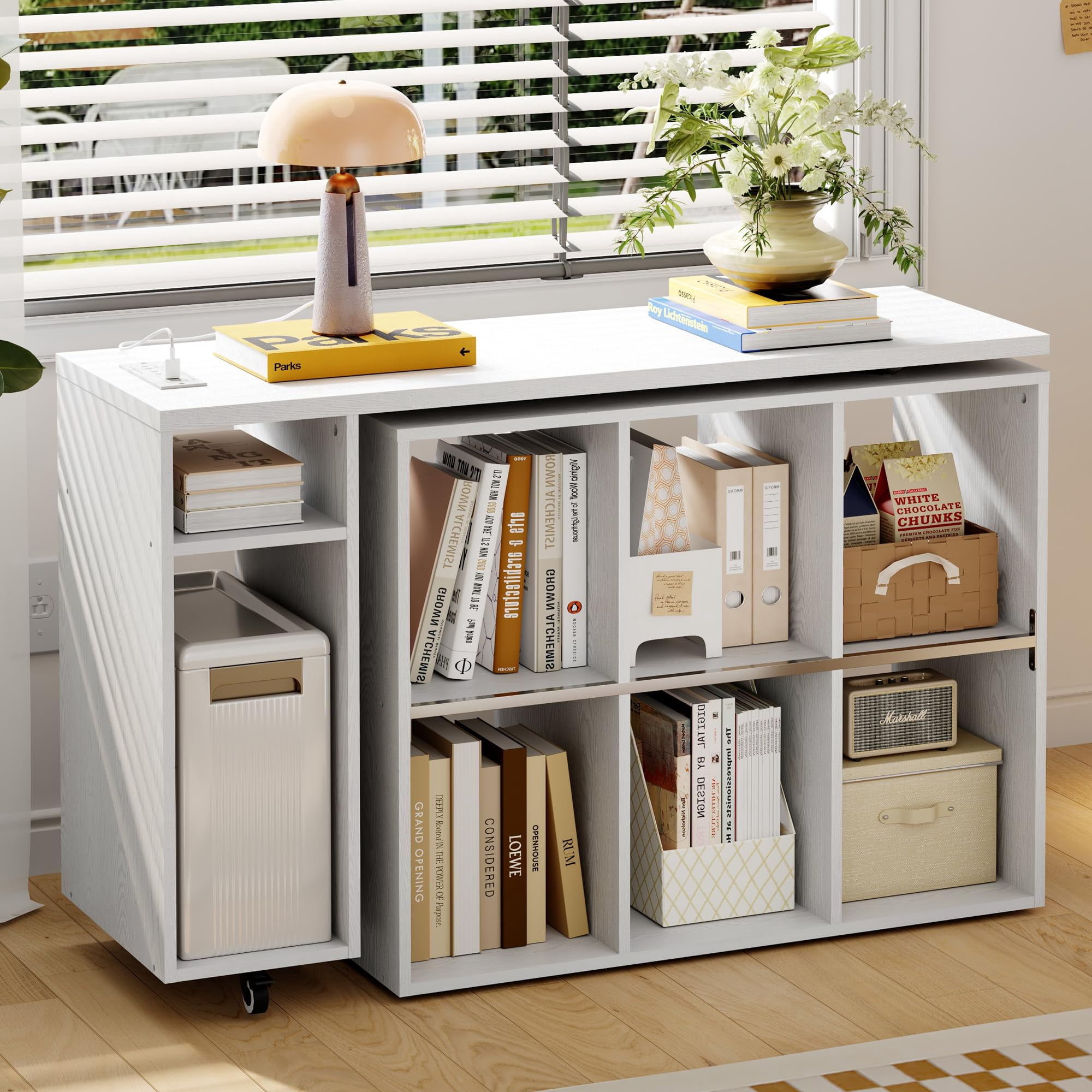 BOSHIRO L-Shaped Rotating Desk with Power Outlets & 6 Shelves – 360° Swivel Computer Table for Home Office (White)