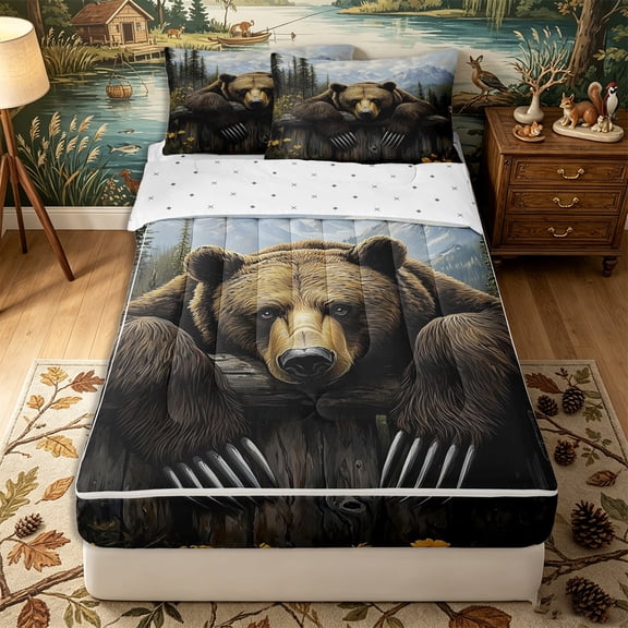 Erosebridal Wilderness Brown Bear Pattern Zipper Twin Comforter Sets with Fitted Sheet and 2 Pillowcases,Snowy Mountain Print Zipper Bedding Set,Olive Green Blue,Reversible