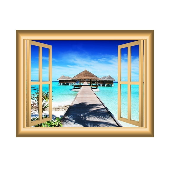 VWAQ Beach Hut Decor Ocean Window Decal Peel and Stick Mural VWAQ-NW9 (24"H X 30"W)