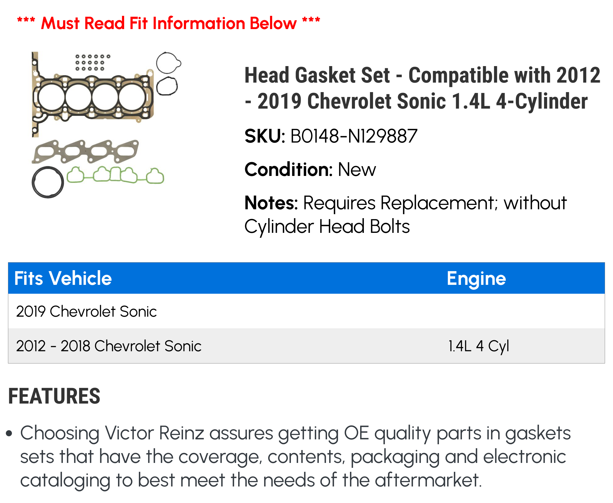 Set Head Gasket Sets Compatible with Chevy Chevrolet Cruze Sonic 2012-2013 - 2