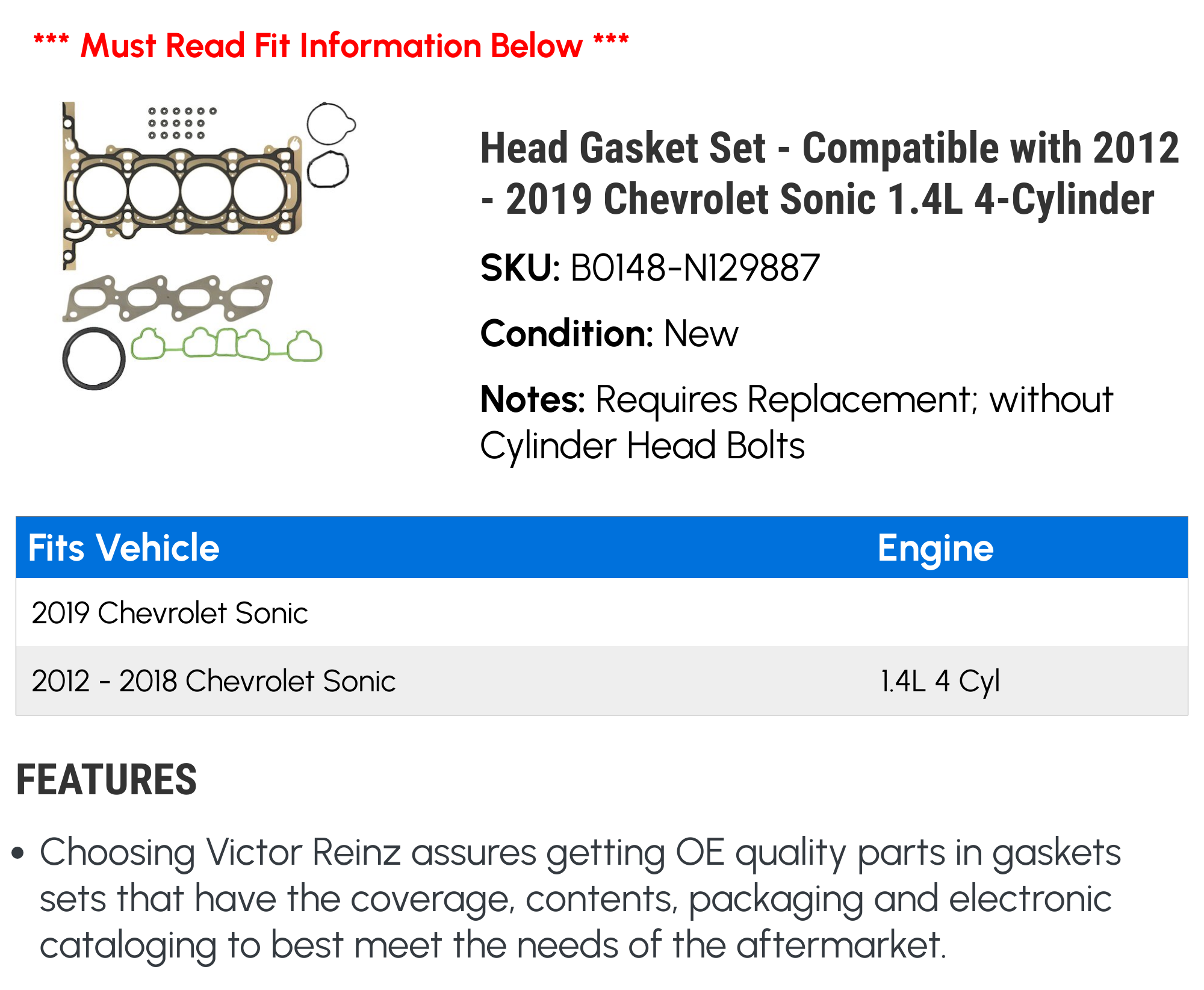 Head Gasket Set Compatible with 2012 2019 Chevy Sonic 1.4L 4-Cylinder 2013 2014 2015 2016 2017 2018