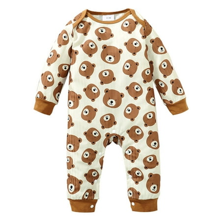 

Wrcnote Newborn Long Sleeve One Piece Jumpsuit Cartoon Travel Animal Print Bodysuit Crew Neck Overall Light Brown 3-6M