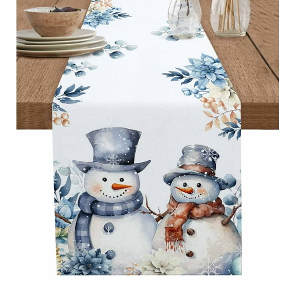 Table Runners 60 Inches Long Dress Scarves, Blue Snowman Farmhouse Kitchen/Dining Table Runner, Small Coffee Tablerunners, Eucalyptus Christmas Poinsettia Winter Snowy 13x60 Inch