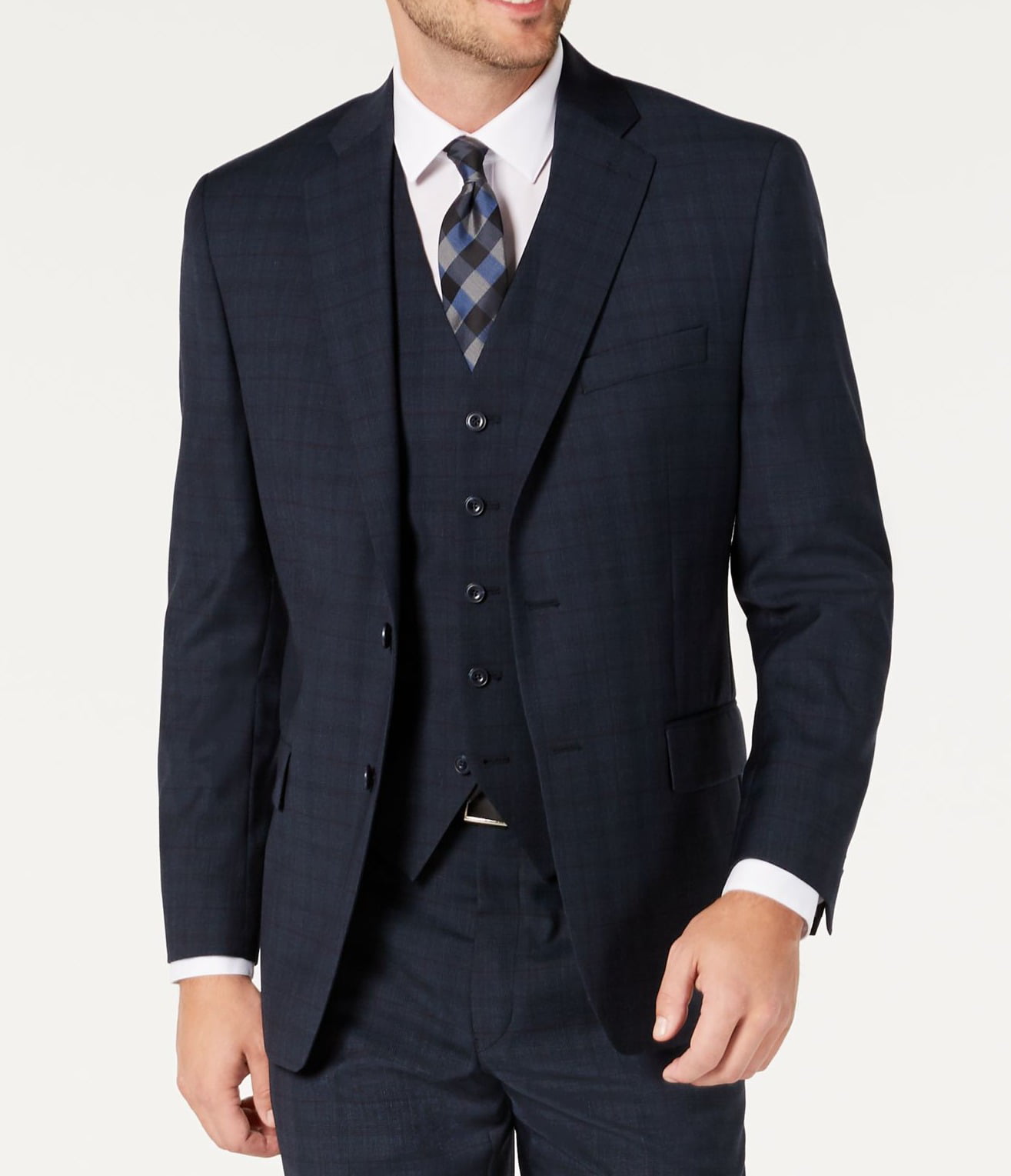 Mens 3 Piece Suit Retro Black Plaid Grid Check on Royal Blue Tailored Fit Contrast Navy Waistcoat