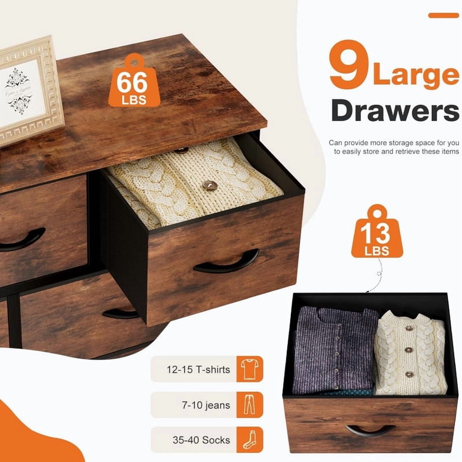Kelno 9 Drawer Fabric Dresser Tall Storage Chest Drawer Organizer Storage Cabinet, Rustic Brown
