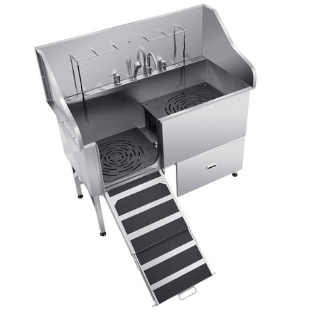 KFFKFF Stainless Steel Pet Grooming Tub, 61-Inch Washing Station with Ramp, Water Filter Panel, Faucet, Showerhead, and Leash for Small, Medium, and Large Pets (Left Door)