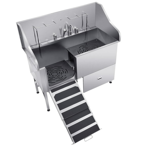 KFFKFF Stainless Steel Dog Washing Station, 61 inch Pet Grooming Tub w/ Ramp, Water Filter Board, Faucet & Showerhead & Leash Dog Bathtub for Large & Medium & Small Pets (Left Door)