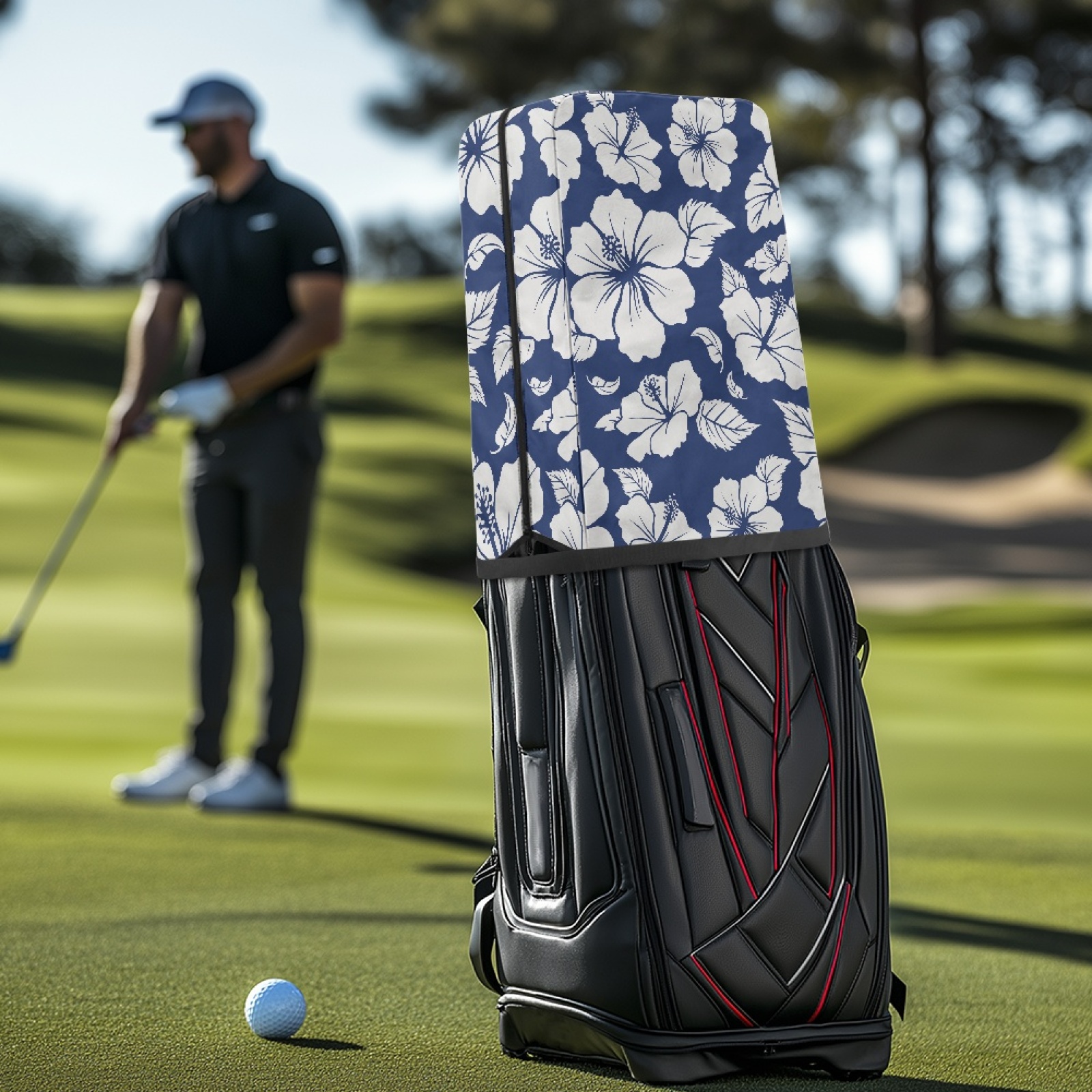 Yuyamidu Blue Hibiscus Golf Bag Cover Colorful Flowers Golf Bag Umbrella for Clubs with Snap Button Dust and Sun Protection Fit Most Club Bags