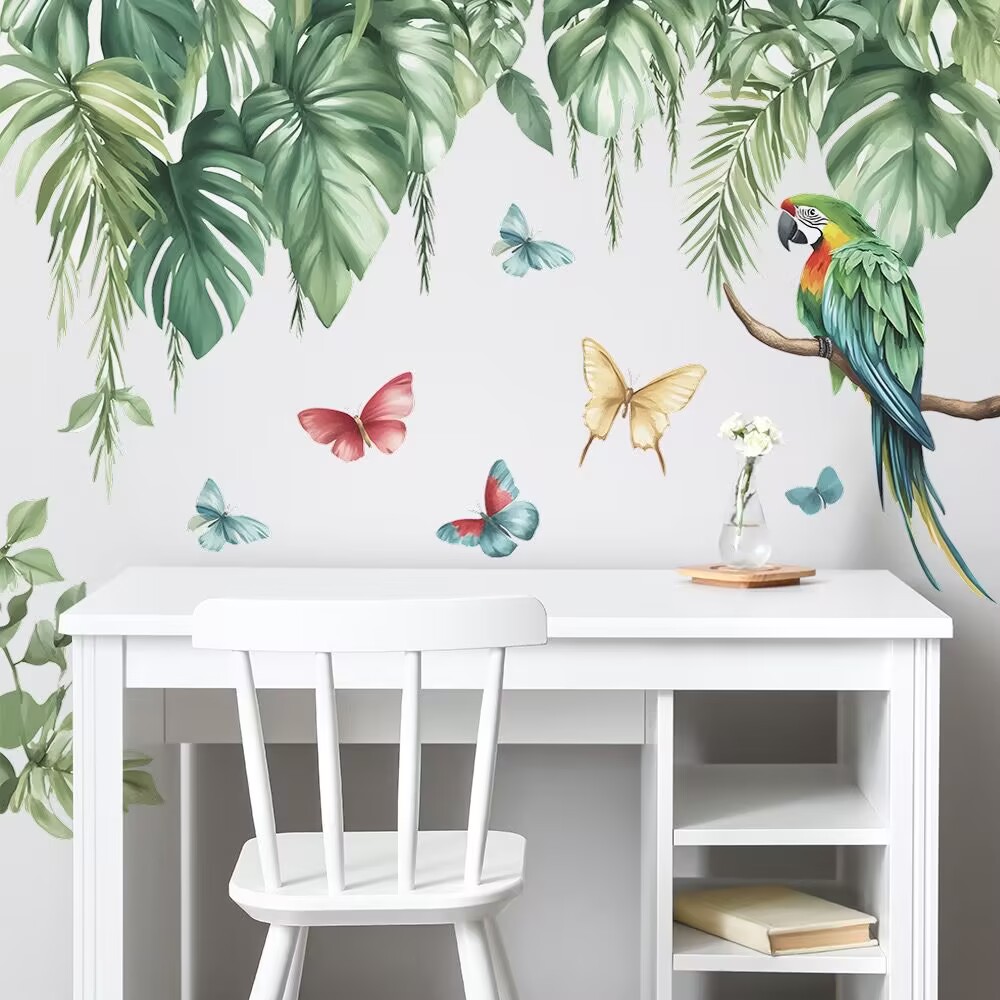 Tropical Plant Birds Wall Decals Stickers, Palm Leaves Parrot Toucan Home Bedroom Decor, Hanging Vines Hibiscus Flower Living Room Kitchen Decorations Art