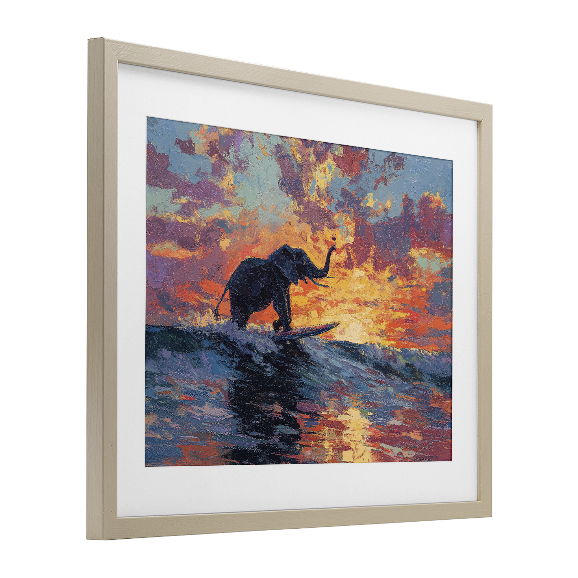 Sunset Surf Elephant Birch Framed Print Under Glass, design by Ziwei Li