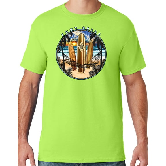 Mens Manu Bay Surf Company JUST CHILL SURFING T-shirt, Large Neon Green