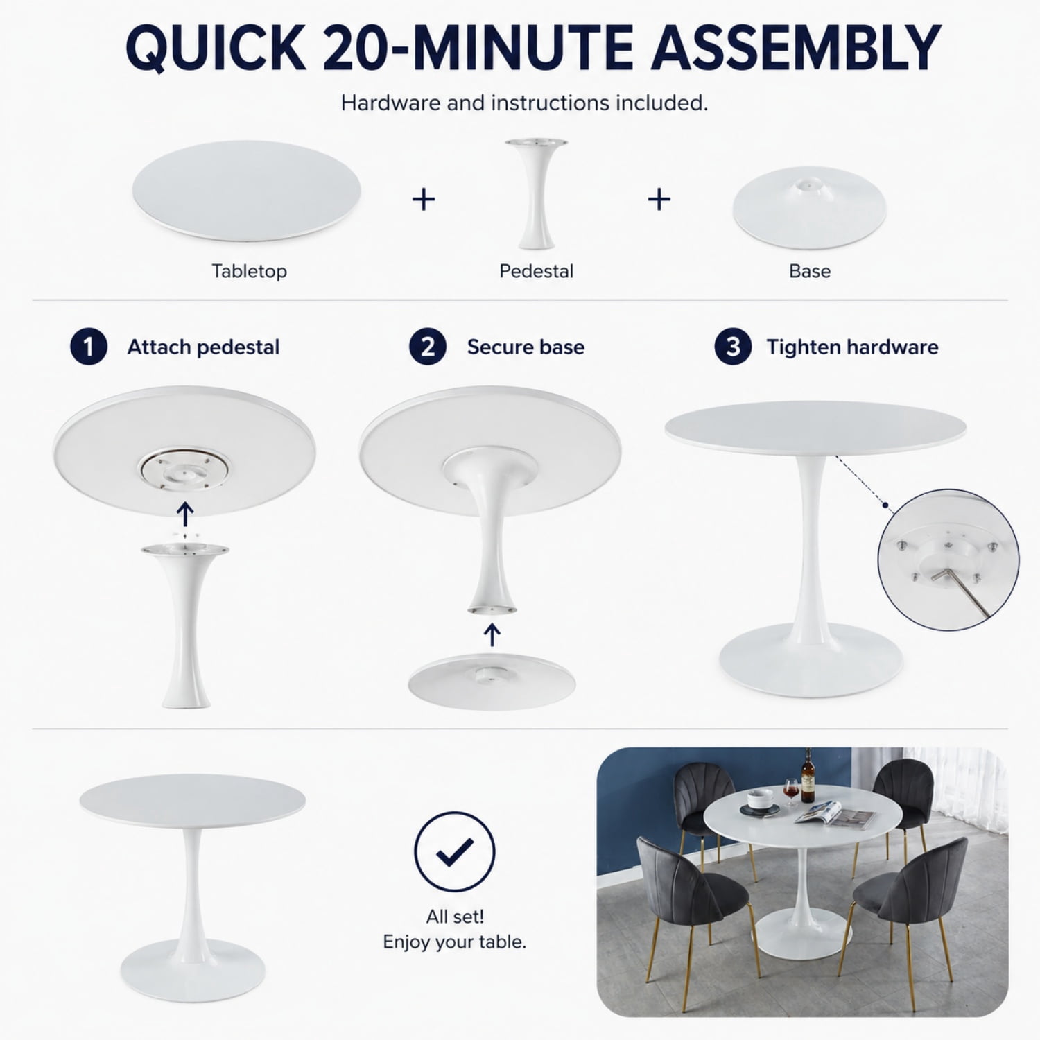 Miniyam 42" Round Pedestal Dining Table for 4-6, Small Kitchen Table with Wood Top, White