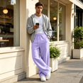 thumbnail image 6 of Men's Baggy Sweatpants Wide Leg Lounge Cotton Casual Jogging Pants With Pockets | High Waist Drawstring,Open Bottom,Workout Athletic Outfits Light Purple M, 6 of 7