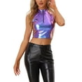 thumbnail image 1 of INSPIRE CHIC Haut pour Femmes Col Montant Fermeture Éclair devant Sans Manches Holographique Scintillant Fête Hauts L Bleu Violet, 1 of 6