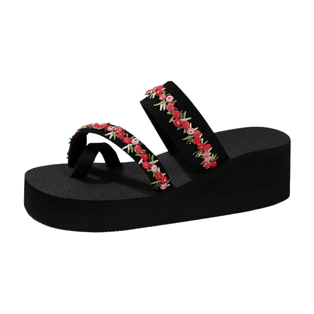 DAFEI Casual Slope Heel Thick Bottom Slippers Open Toe Fashion Flip Flops Flower Decoration Beach Slippers