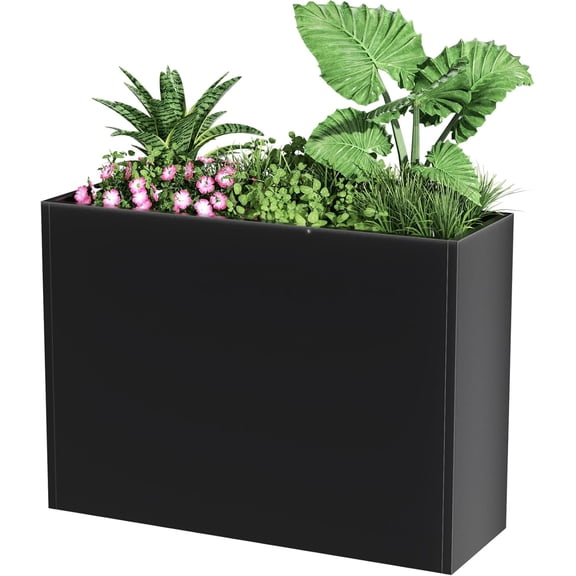 Large metal planter, heavy-duty tall rectangular outdoor planter with removable dividers and drainage holes, suitable for porches, gardens, patios, and patios (32"L x 14"W x 26"H).