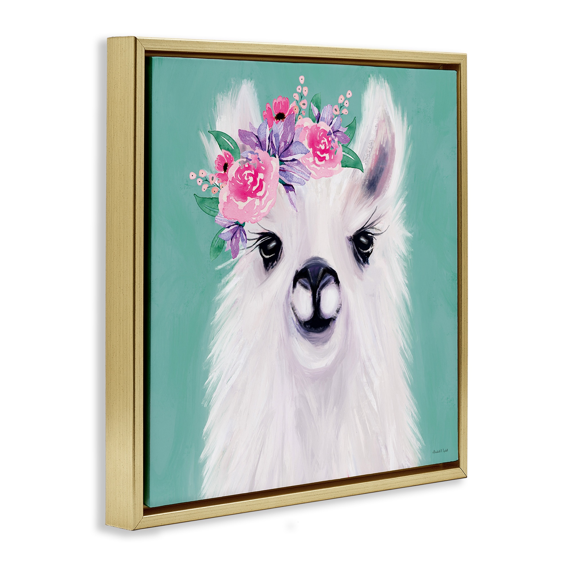Stupell Industries Fluffy Floral Alpaca Animals & Insects Painting Gold Floater Framed Canvas Art Print Wall Art, 18 x 18