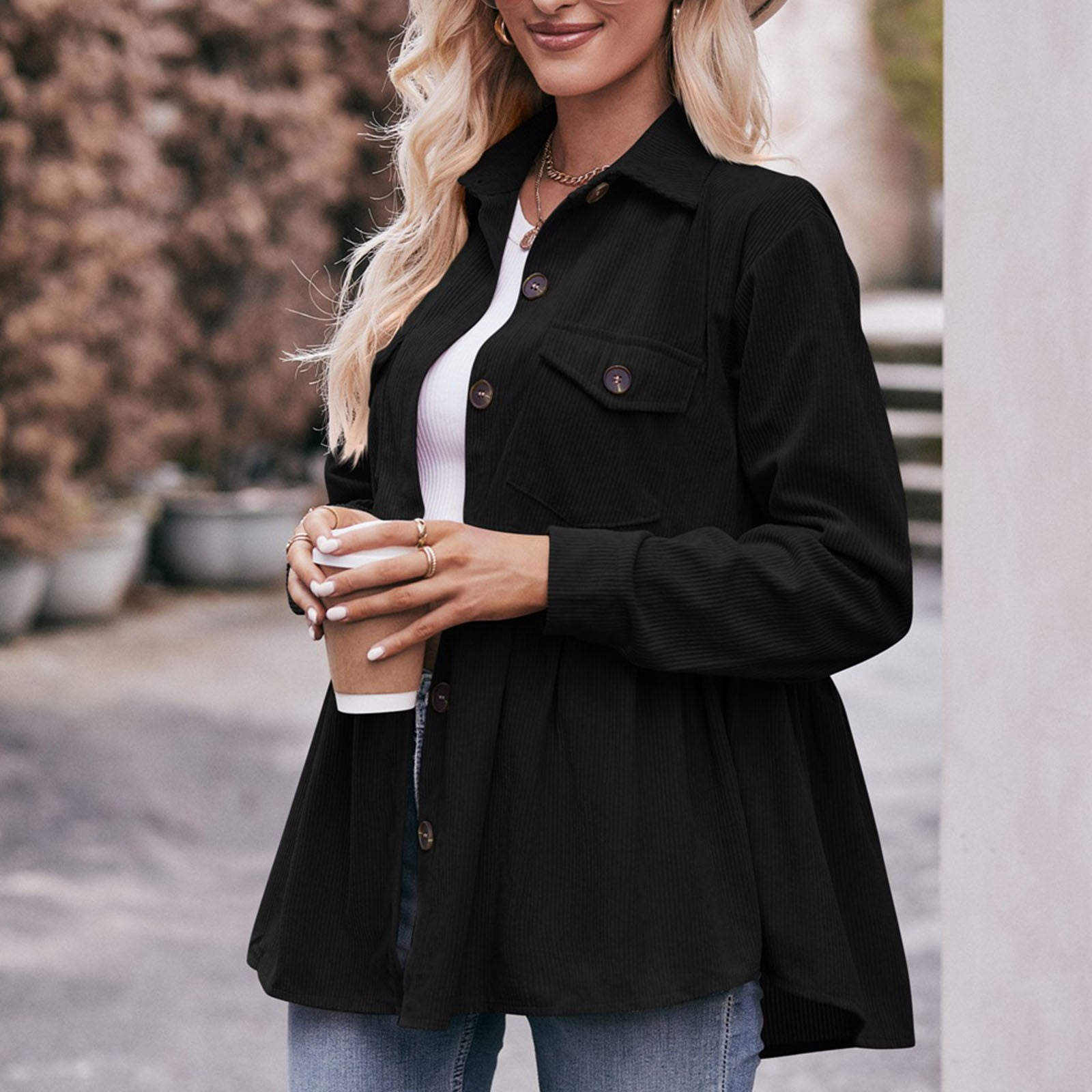 Women Corduroy Peplum Shacket Jacket Long Sleeve Button Down Babydoll Shirts Oversized Casual Collared Blouses Tops Black M