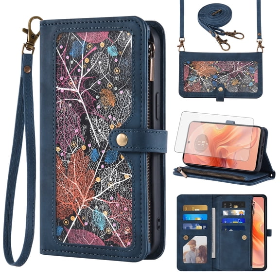 Asuwish Phone Case for Motorola Moto G04/G04s/G24/E14 4G Wallet Cover With Tempered Glass Screen Protector Crossbody Wrist Strap Flip Pattern Zipper Credit Card Holder Cell GO4 G 04 04s 24 E 14 Blue