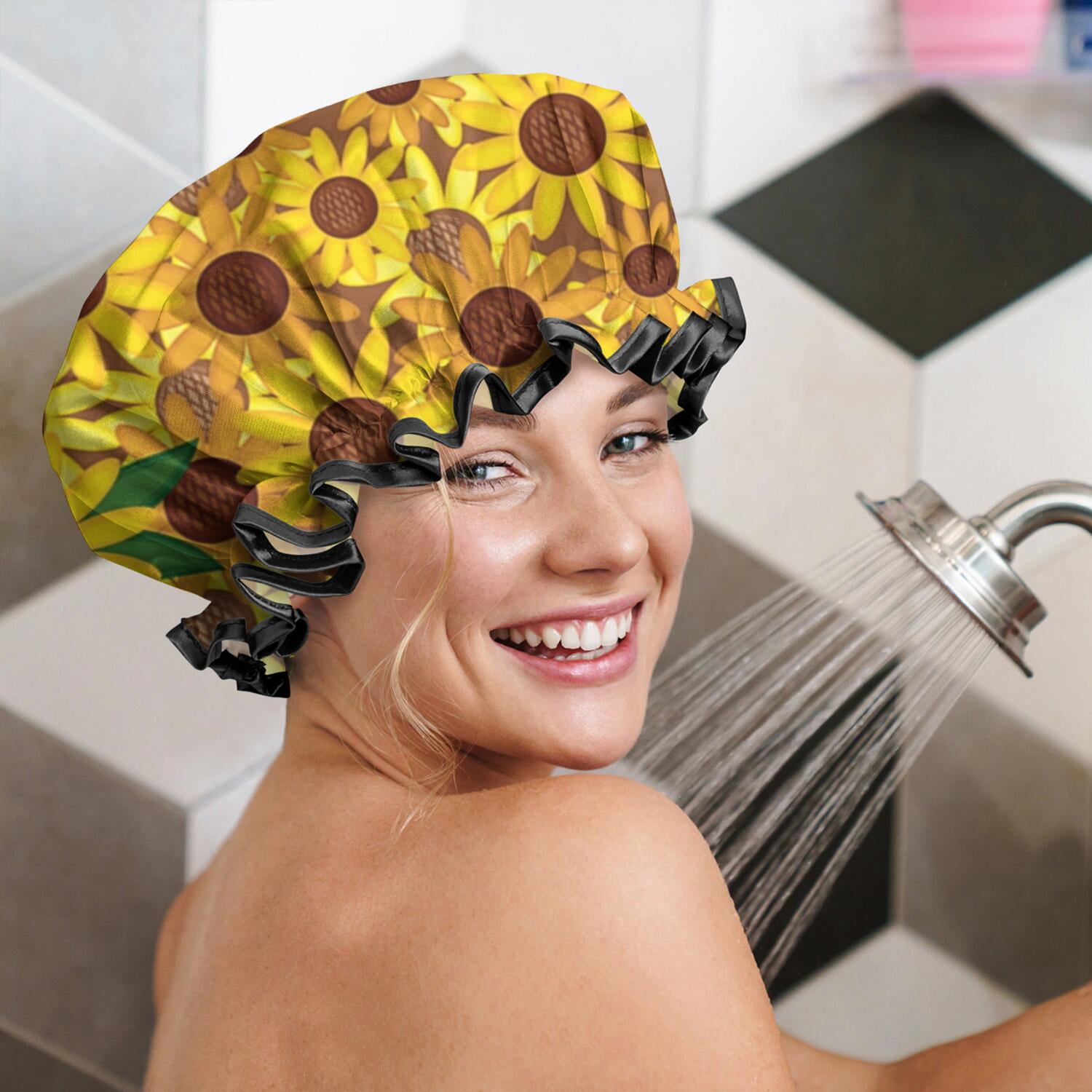 Shower Caps,Brown Yellow Sunflower Pattern Waterproof Shower Cap for Women 4 Pieces,Double Reusable Hair Cover for Shower PEVA Elastic Stretch Hem